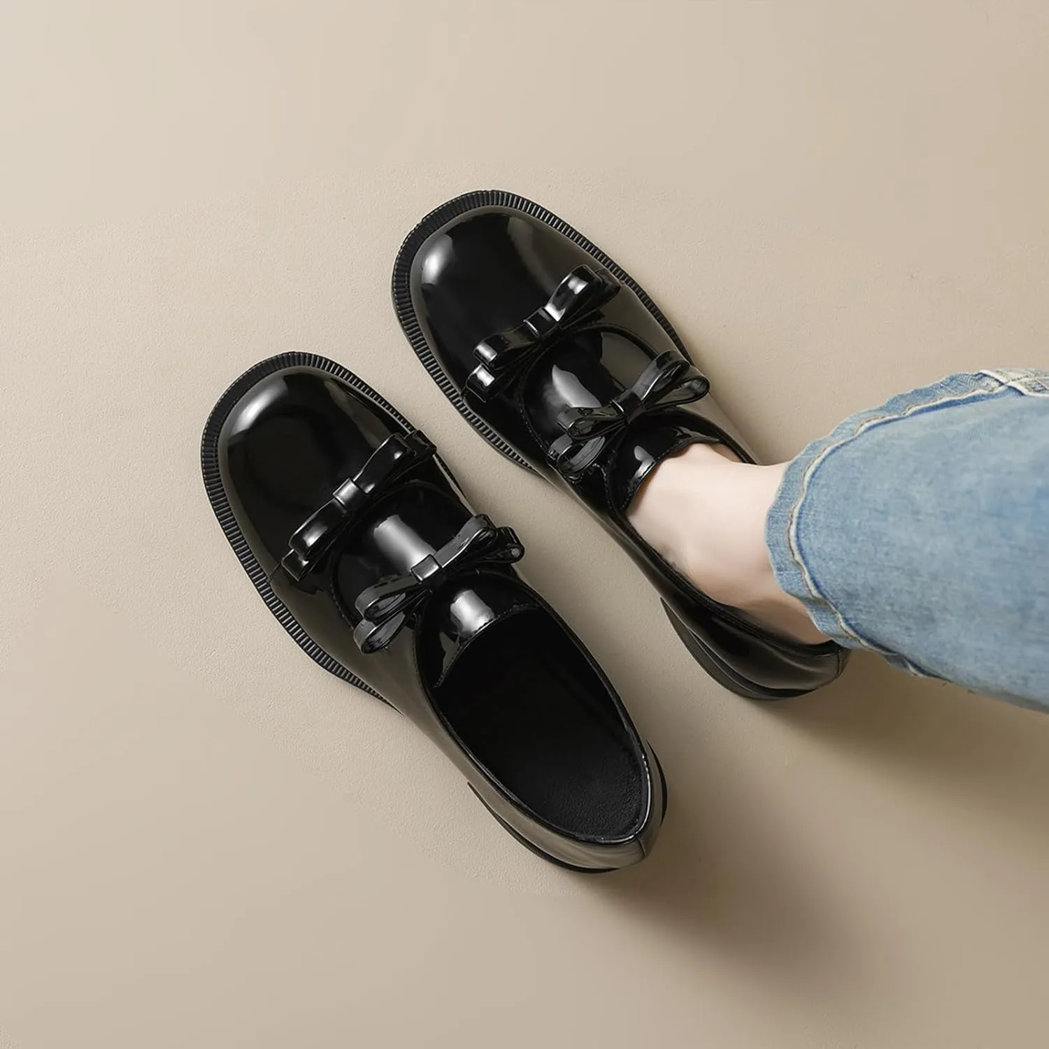 Women's Leather Bow Low Block Heel Loafers Comfort Closed Round Toe Slip On Casual Penny Shoes for Business Office Pump Dress Shoes