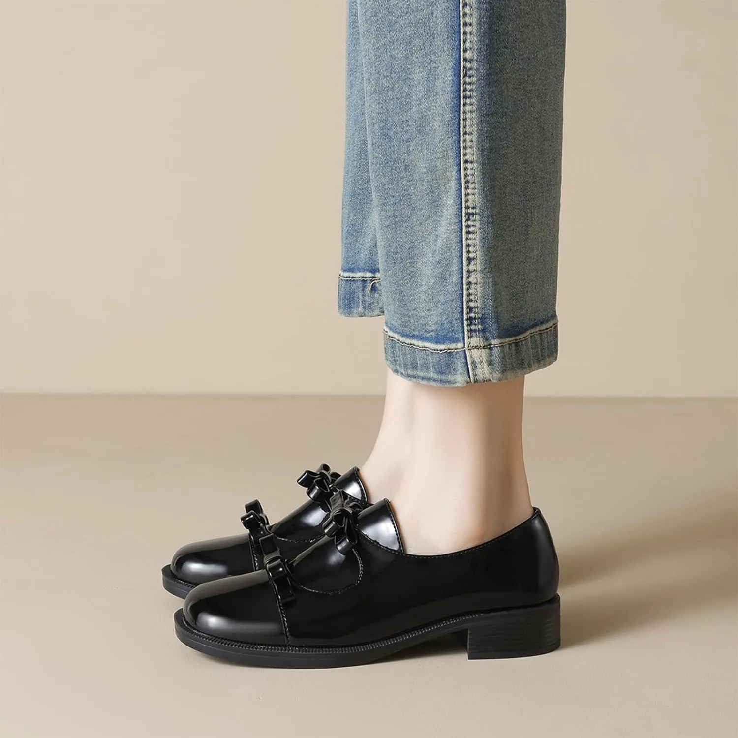 Women's Leather Bow Low Block Heel Loafers Comfort Closed Round Toe Slip On Casual Penny Shoes for Business Office Pump Dress Shoes