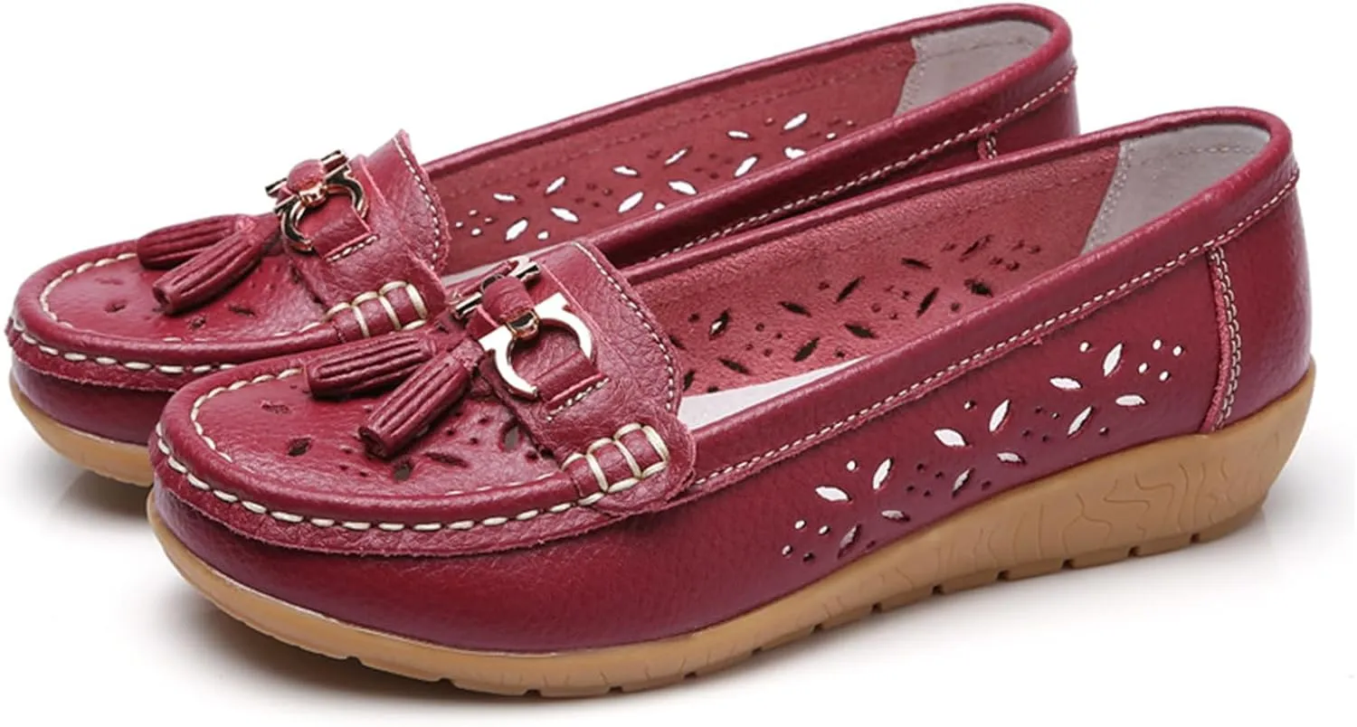Women's Leather Classic Wedge Moccasins Slip-On Casual Walking Driving Cutout Breathable, Non Slip Soft Outdoor Comfortable Casual Flat Shoe, Versatile Trendy Driving Shoes