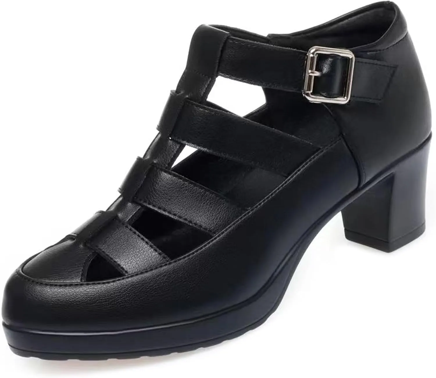 Women's Leather Hollow Chunky Heel Roman Sandals Adjustable Ankle Buckle Comfortable Breathable Closed Toe High Heel Sandals