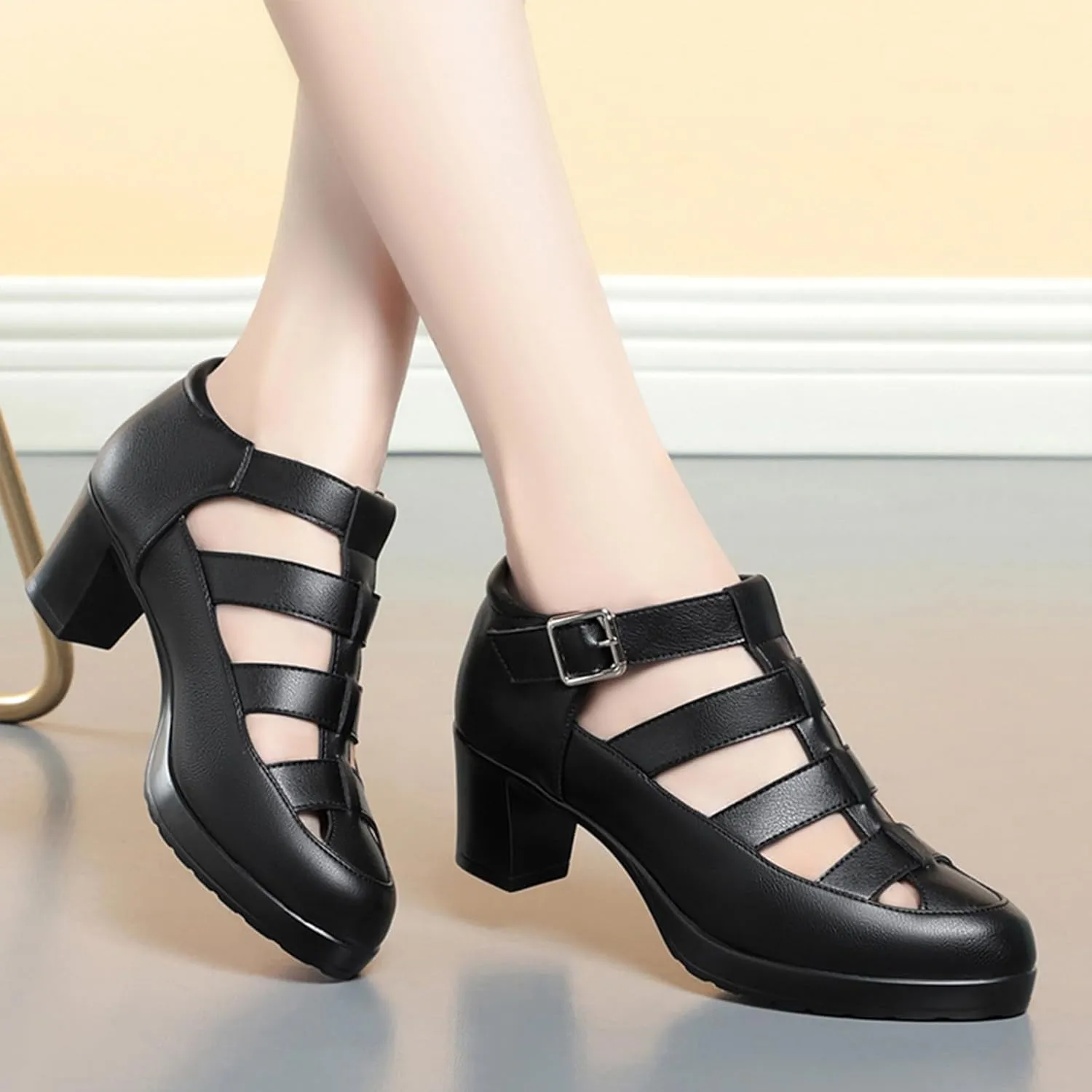 Women's Leather Hollow Chunky Heel Roman Sandals Adjustable Ankle Buckle Comfortable Breathable Closed Toe High Heel Sandals