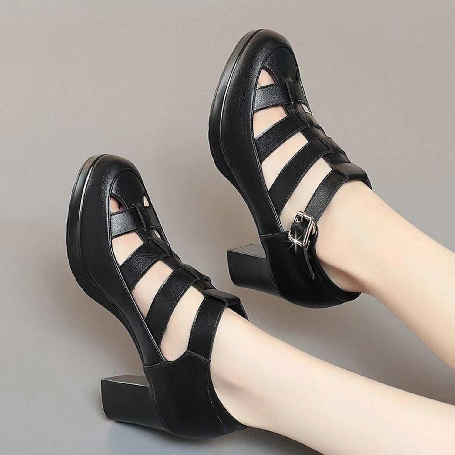 Women's Leather Hollow Chunky Heel Roman Sandals Adjustable Ankle Buckle Comfortable Breathable Closed Toe High Heel Sandals