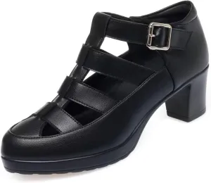 Women's Leather Hollow Chunky Heel Roman Sandals Adjustable Ankle Buckle Comfortable Breathable Closed Toe High Heel Sandals