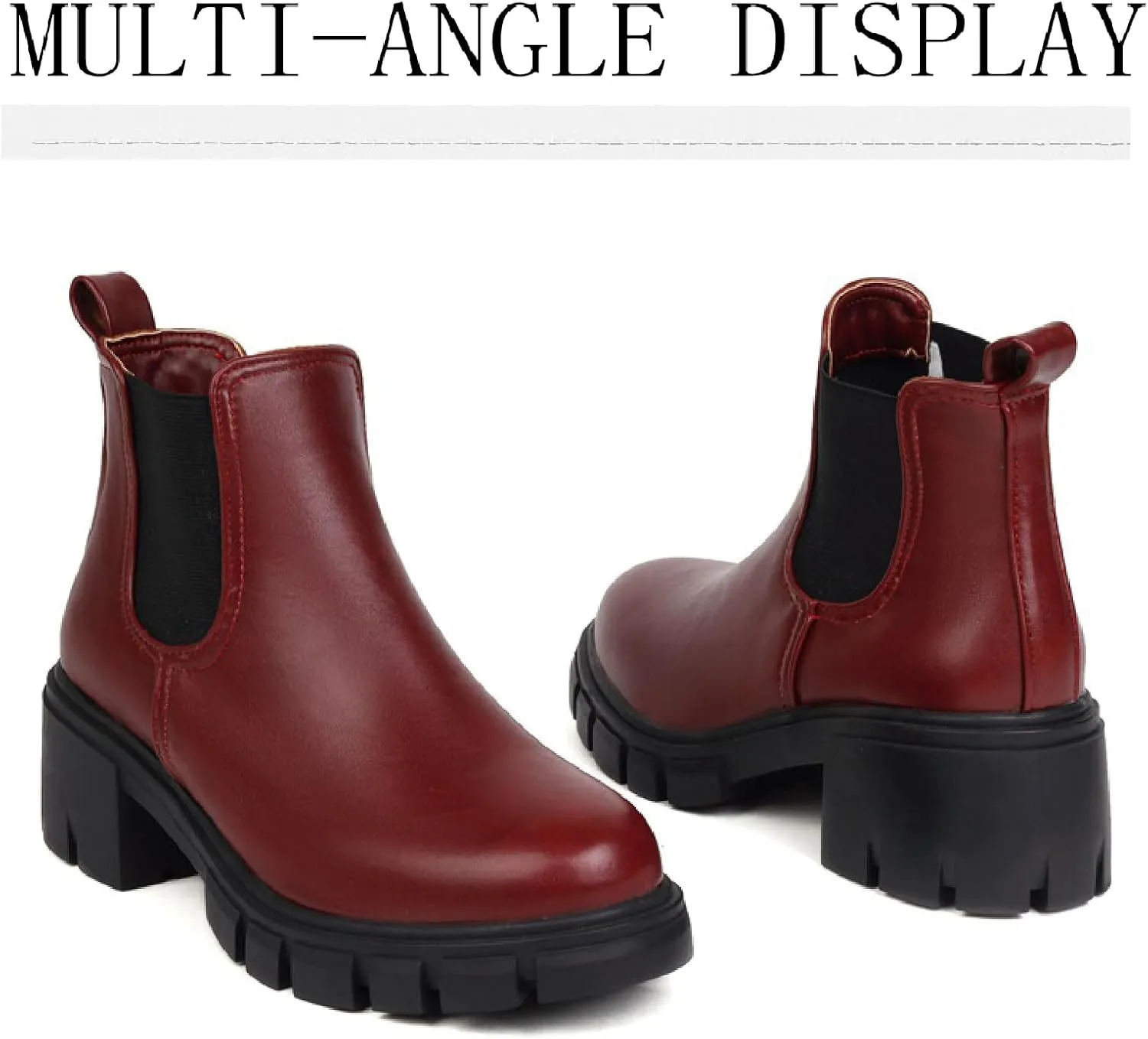 Women's Leather Platform Chunky Heel Ankle Boots Retro Comfortable Round Toe Pull On Non-slip Lug Sole Mid Heel Chelsea Booties Fall Winter Daily Work Dress Combat Boots