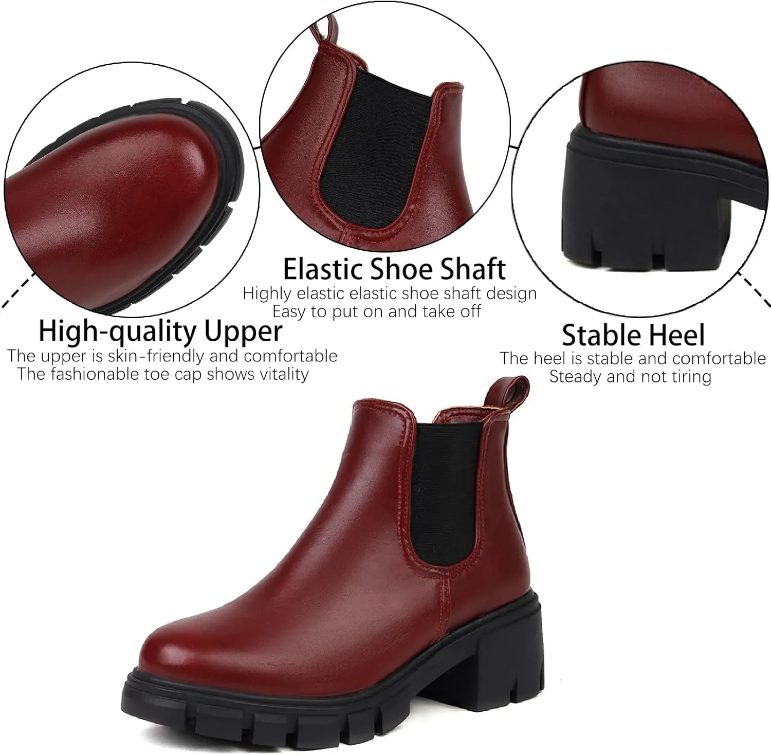 Women's Leather Platform Chunky Heel Ankle Boots Retro Comfortable Round Toe Pull On Non-slip Lug Sole Mid Heel Chelsea Booties Fall Winter Daily Work Dress Combat Boots