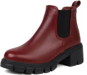 Women's Leather Platform Chunky Heel Ankle Boots Retro Comfortable Round Toe Pull On Non-slip Lug Sole Mid Heel Chelsea Booties Fall Winter Daily Work Dress Combat Boots