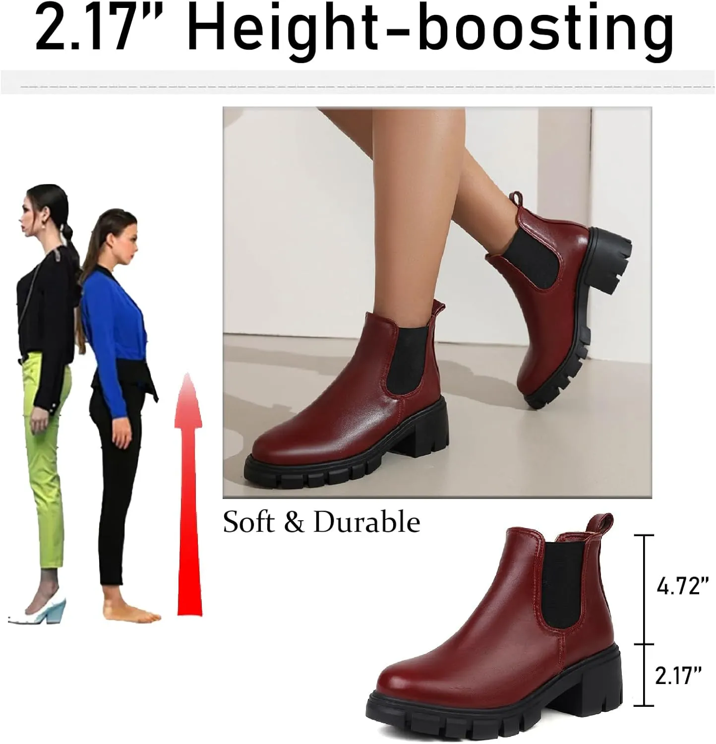 Women's Leather Platform Chunky Heel Ankle Boots Retro Comfortable Round Toe Pull On Non-slip Lug Sole Mid Heel Chelsea Booties Fall Winter Daily Work Dress Combat Boots