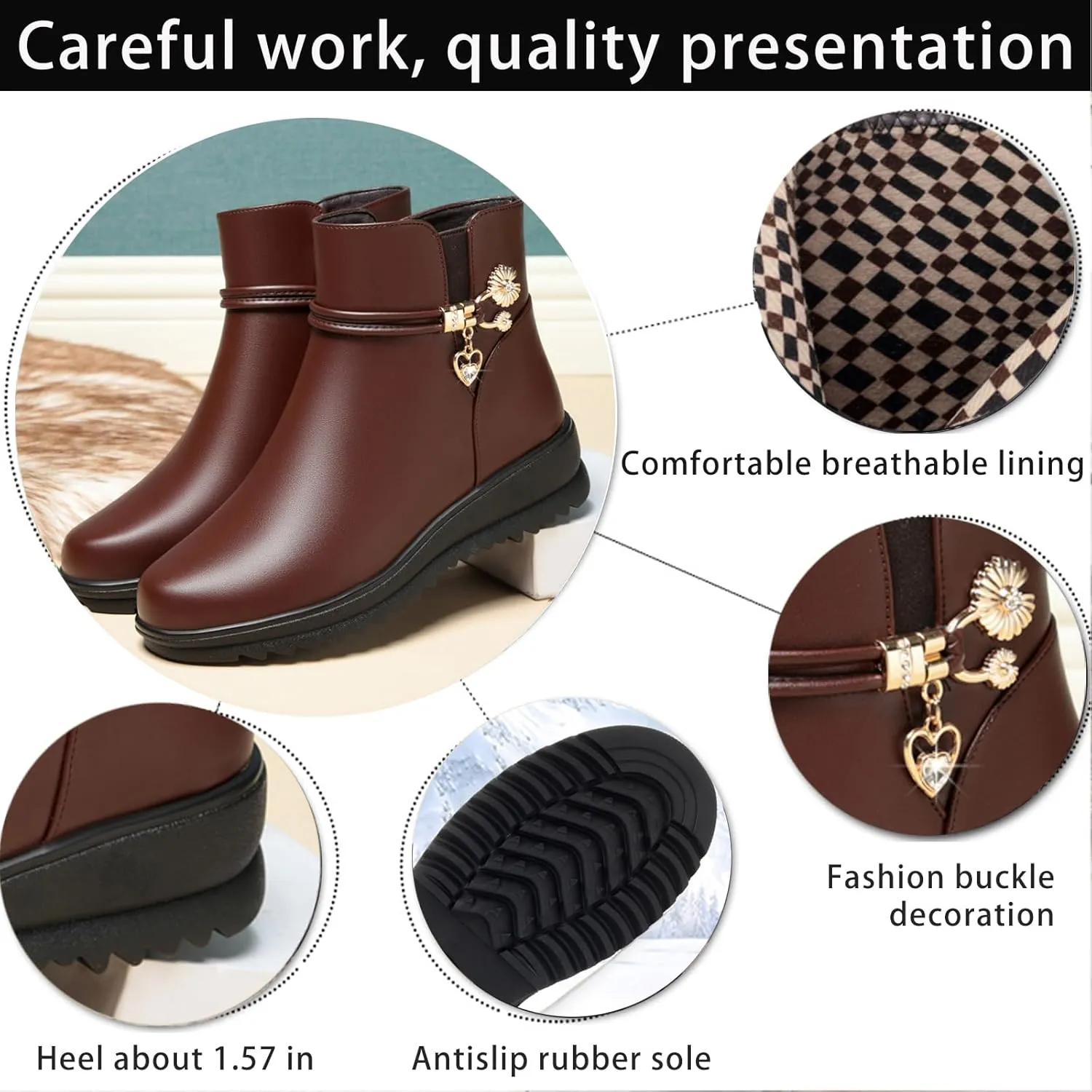 Women's Leather Platform Wedge Heel Ankle Boots Comfortable Round Toe Warm Fur Lining Side Zipper Non-slip Lug Sole Winter Ankle Boots Outdoor Work Walking Snow Boots