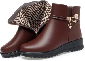 Women's Leather Platform Wedge Heel Ankle Boots Comfortable Round Toe Warm Fur Lining Side Zipper Non-slip Lug Sole Winter Ankle Boots Outdoor Work Walking Snow Boots