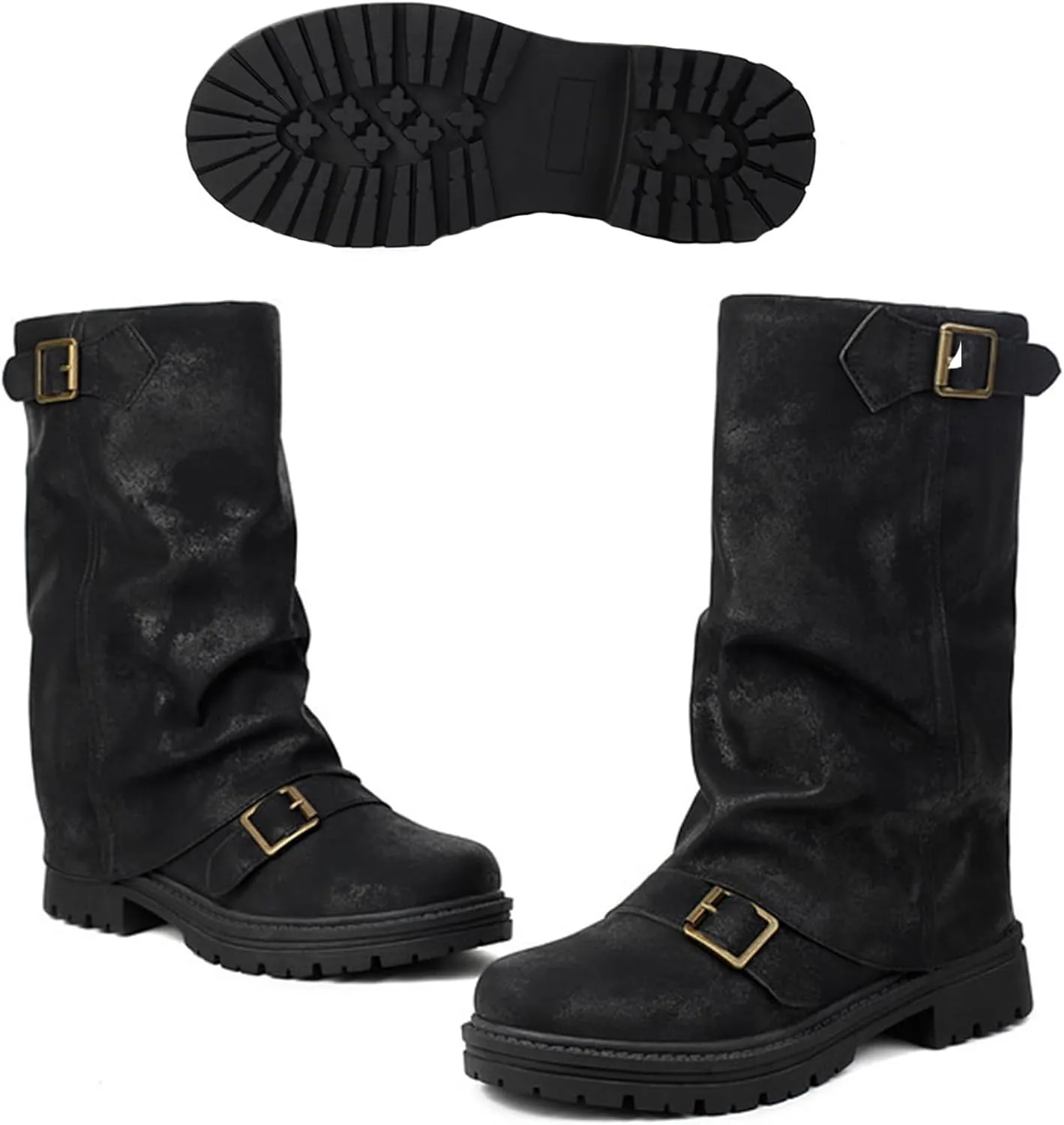 Women's Leather Slouchy platform Buckle Mid-Calf Boots Comfort Wide Round Toe Slip On lug sole Motorcycle Combat Boots