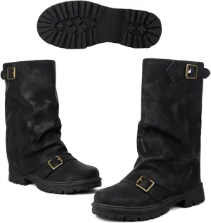 Women's Leather Slouchy platform Buckle Mid-Calf Boots Comfort Wide Round Toe Slip On lug sole Motorcycle Combat Boots