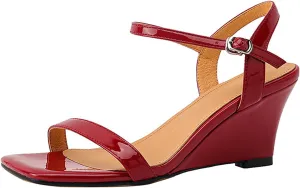 Women's Leather Square Open Toe Wedge Sandals Fashion Adjustable Ankle Strap High Heel Sandals Summer Wedding Bridal Party Dress Shoes