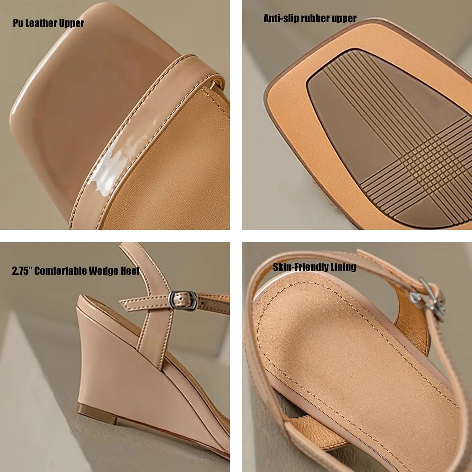 Women's Leather Square Open Toe Wedge Sandals Fashion Adjustable Ankle Strap High Heel Sandals Summer Wedding Bridal Party Dress Shoes