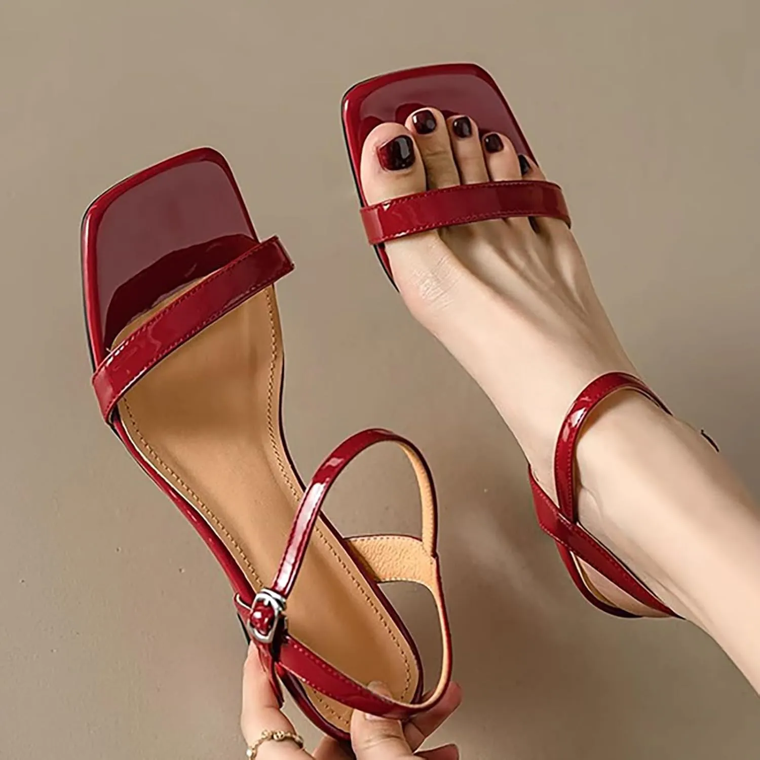 Women's Leather Square Open Toe Wedge Sandals Fashion Adjustable Ankle Strap High Heel Sandals Summer Wedding Bridal Party Dress Shoes