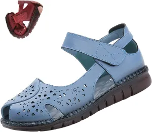 Women's Leather Vintage Closed-toe Sandals,Comfy Breathe Anti-slip Softsole Adjustable Casual Dressy Mary Jane Shoes