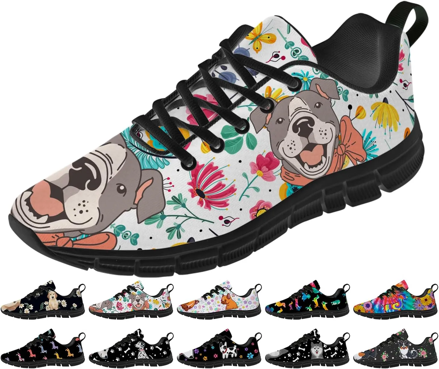 Women's Men's Running Shoes Dog Print Shoes Black Walking Sneakers Cute Tennis Shoes Gifts for Women Men
