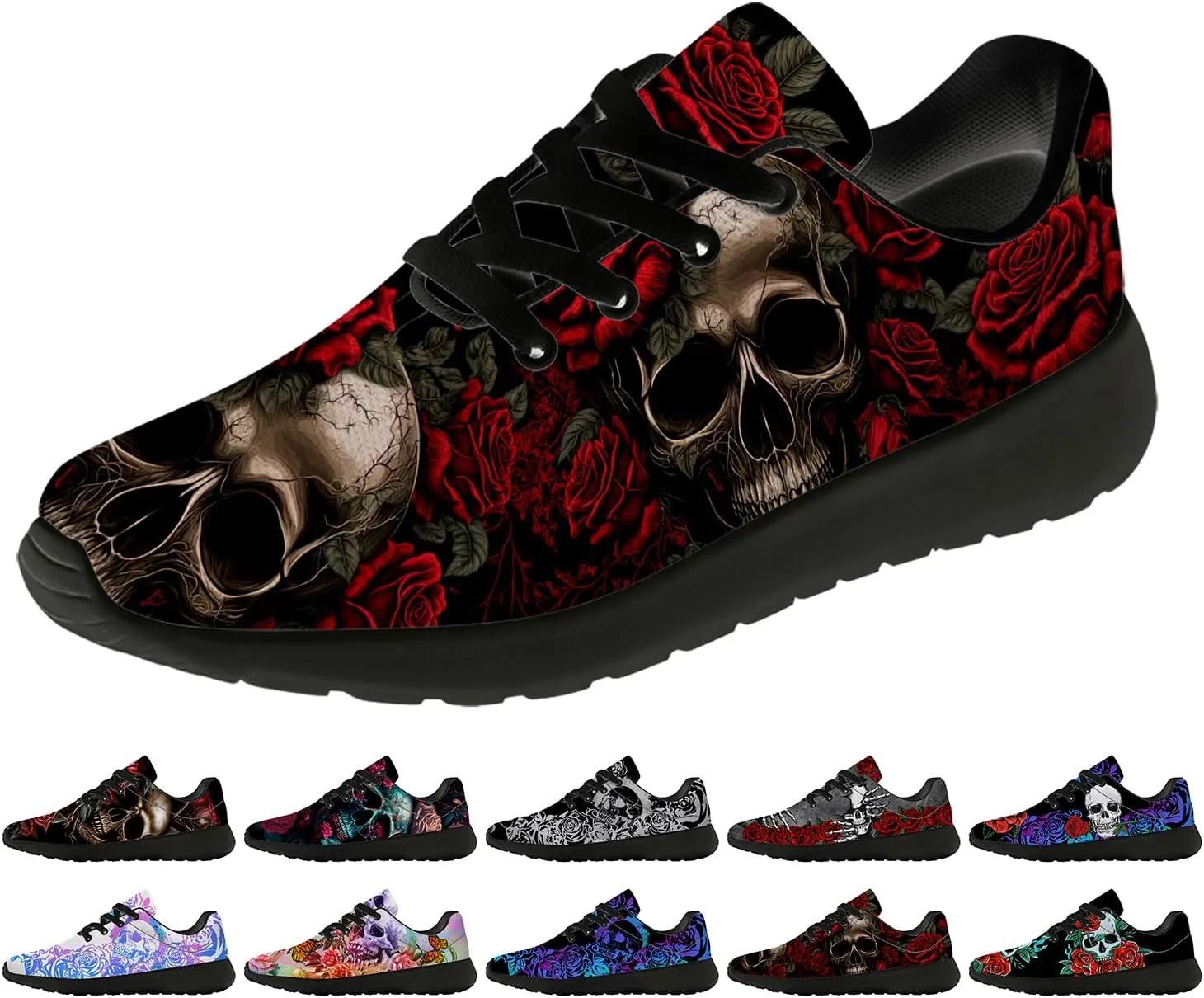 Women's Men's Skull Shoes Flower Running Shoes Skull Tennis Sneakers Gifts for Women Men