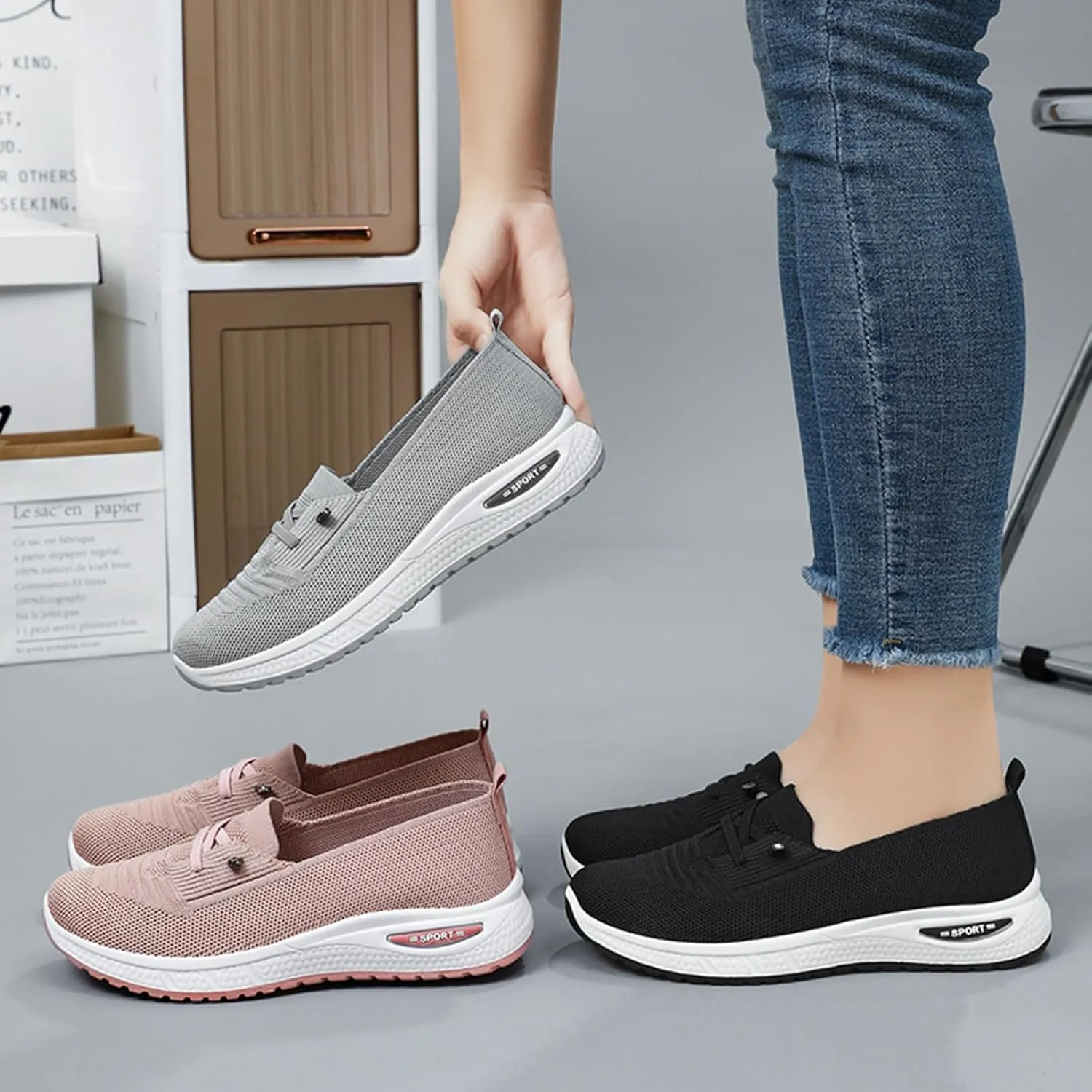 Women's Mesh Knitted Slip-On Casual Loafers,Lightweight Breathable Non-Slip Lace Up Soft Sole Orthopedic Sneakers,for Comfort Driving Walking Shoes