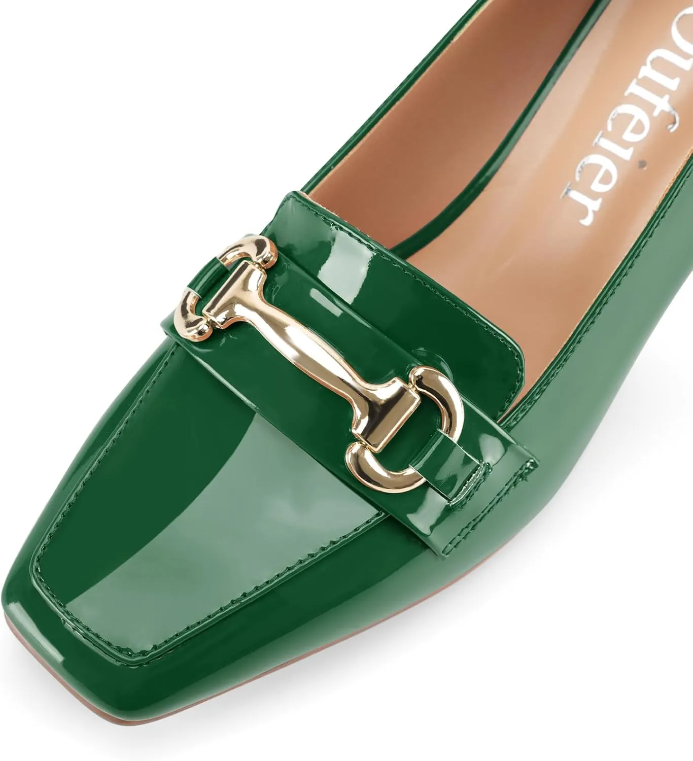 Womens Mid Block Chunky Heeled Loafers Closed Square Toe Patent Leather Comfortable Slip On Pumps Metal Chain Basic Classic Casual Work Office Dress Shoes 2.8 Inches Heels
