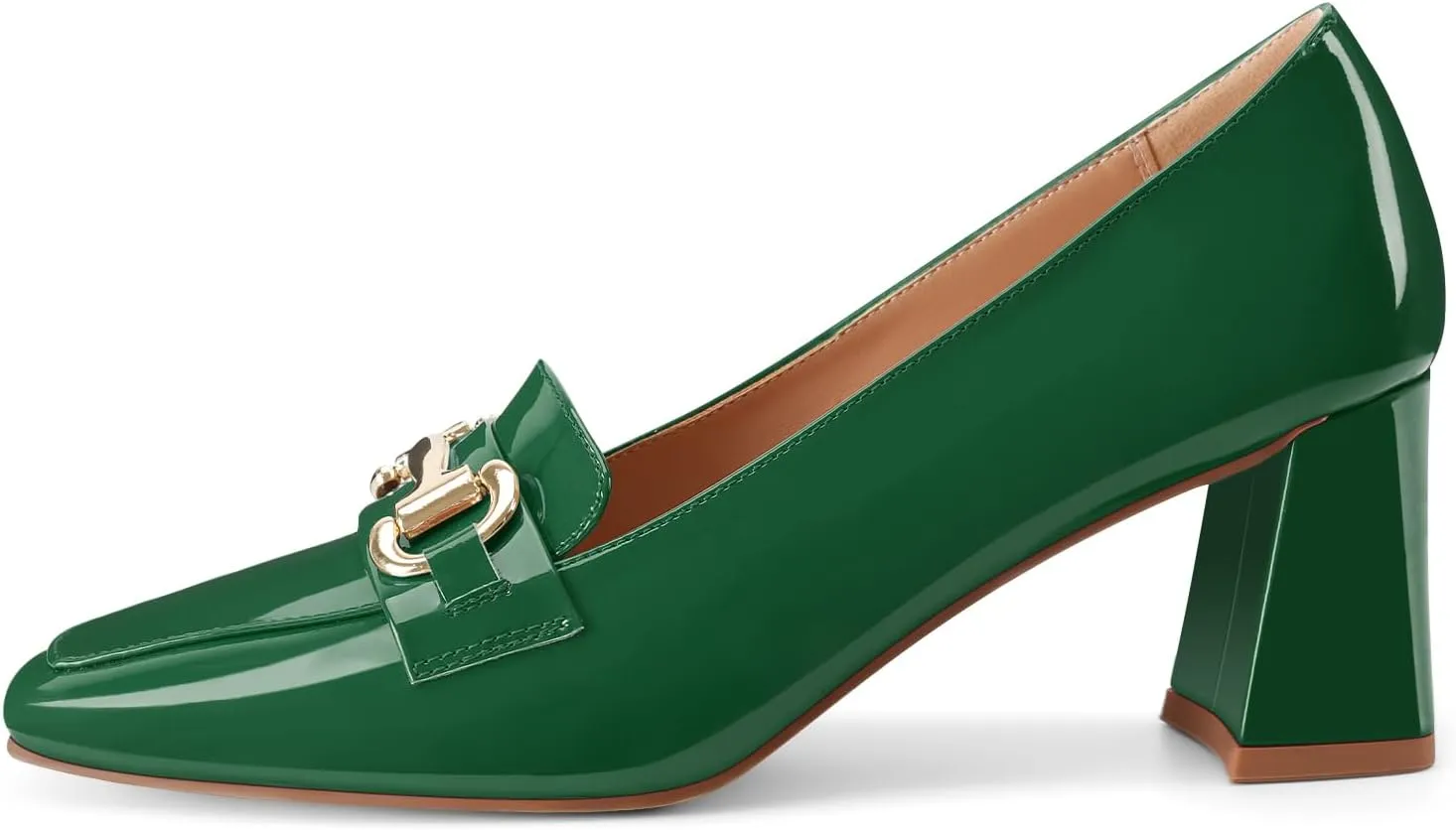Womens Mid Block Chunky Heeled Loafers Closed Square Toe Patent Leather Comfortable Slip On Pumps Metal Chain Basic Classic Casual Work Office Dress Shoes 2.8 Inches Heels
