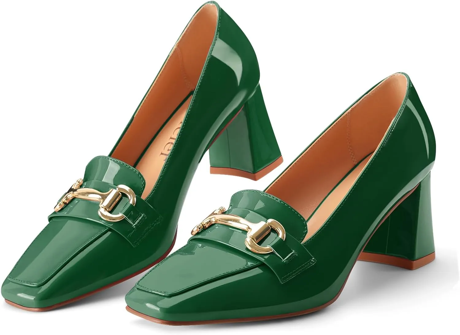 Womens Mid Block Chunky Heeled Loafers Closed Square Toe Patent Leather Comfortable Slip On Pumps Metal Chain Basic Classic Casual Work Office Dress Shoes 2.8 Inches Heels
