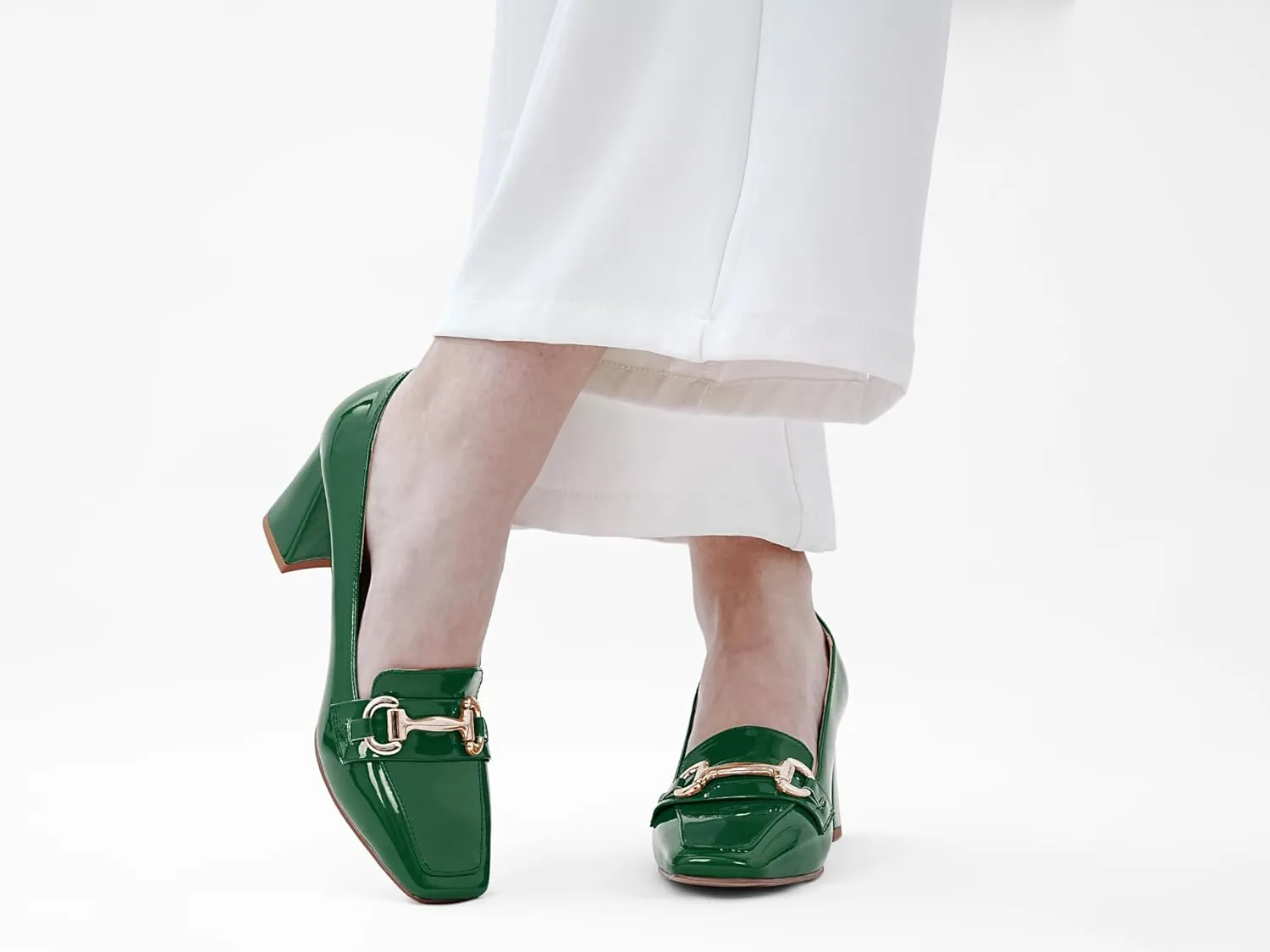 Womens Mid Block Chunky Heeled Loafers Closed Square Toe Patent Leather Comfortable Slip On Pumps Metal Chain Basic Classic Casual Work Office Dress Shoes 2.8 Inches Heels