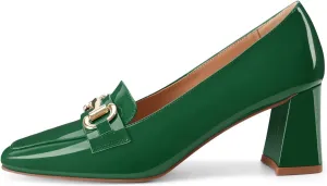 Womens Mid Block Chunky Heeled Loafers Closed Square Toe Patent Leather Comfortable Slip On Pumps Metal Chain Basic Classic Casual Work Office Dress Shoes 2.8 Inches Heels