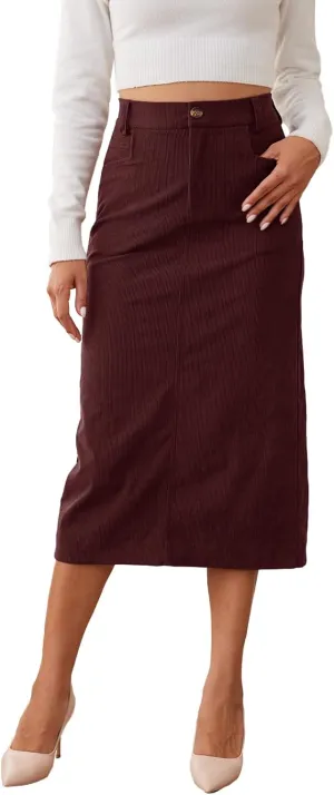 Women’s Midi Corduroy Skirt Pencil Elastic High Waisted Back Slit Winter Long Skirts for Women with Pocket