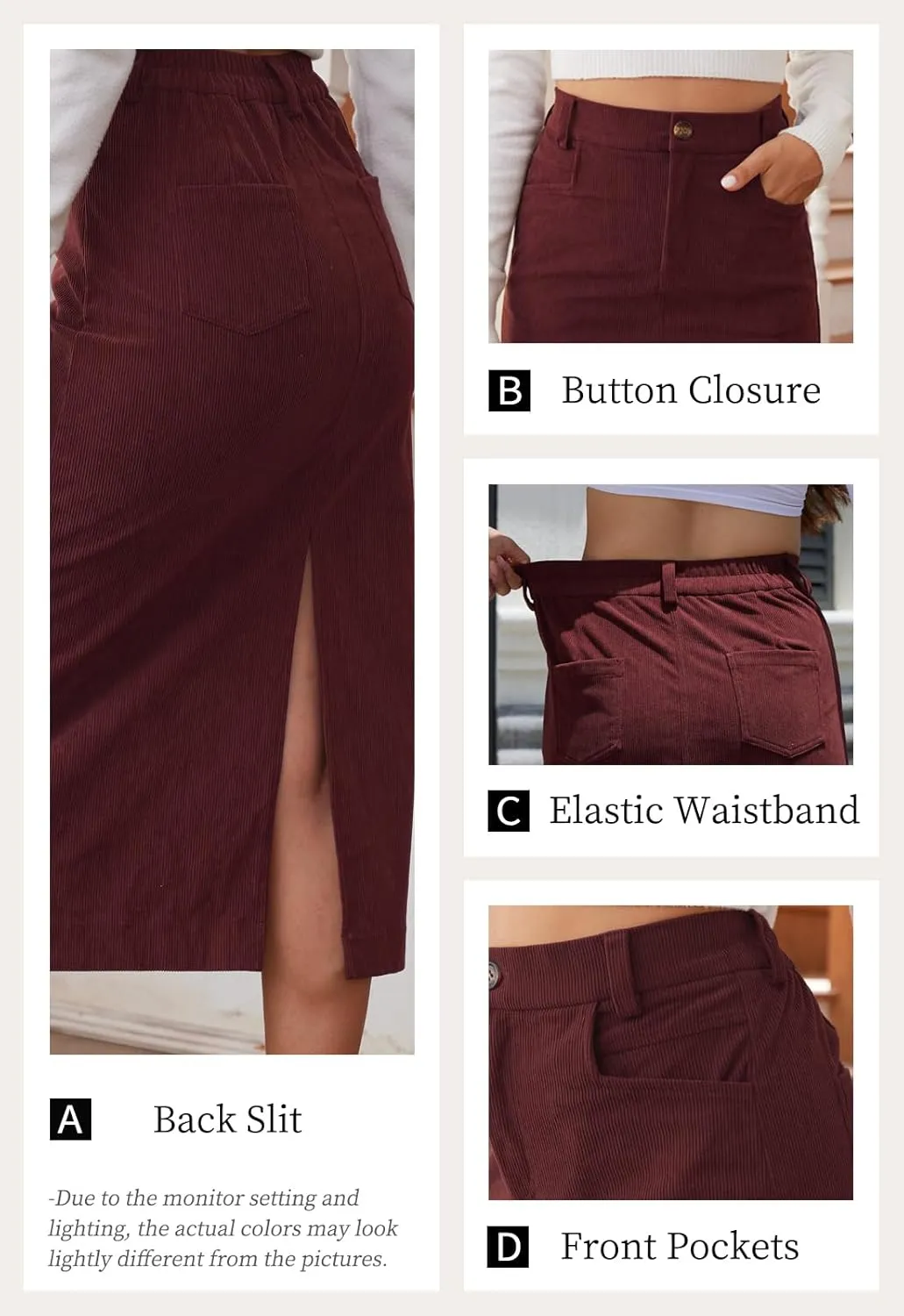 Women’s Midi Corduroy Skirt Pencil Elastic High Waisted Back Slit Winter Long Skirts for Women with Pocket