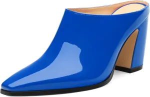 Womens Mules, Closed Square Toe Chunky Heel Mules, High Block Heel Backless Loafers Shoes, Slip On Mules for Women Dress Party Shoes 3.35 Inch