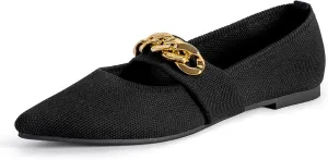 Women's One Legged Metal Chain Loafers Fashionable and Comfortable Pointed Flat Shoes Anti Slip Work Shoes with Straight Strap