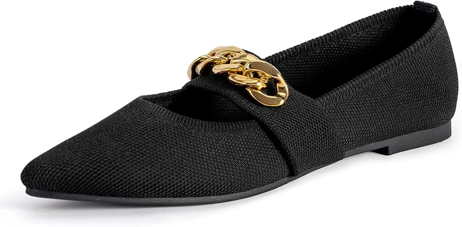 Women's One Legged Metal Chain Loafers Fashionable and Comfortable Pointed Flat Shoes Anti Slip Work Shoes with Straight Strap