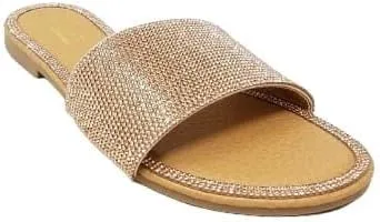 Women's Open Round Toe Glitter Rhinestones Detail flat sandals Honey-62
