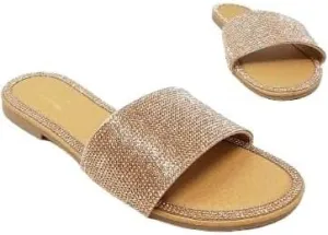 Women's Open Round Toe Glitter Rhinestones Detail flat sandals Honey-62