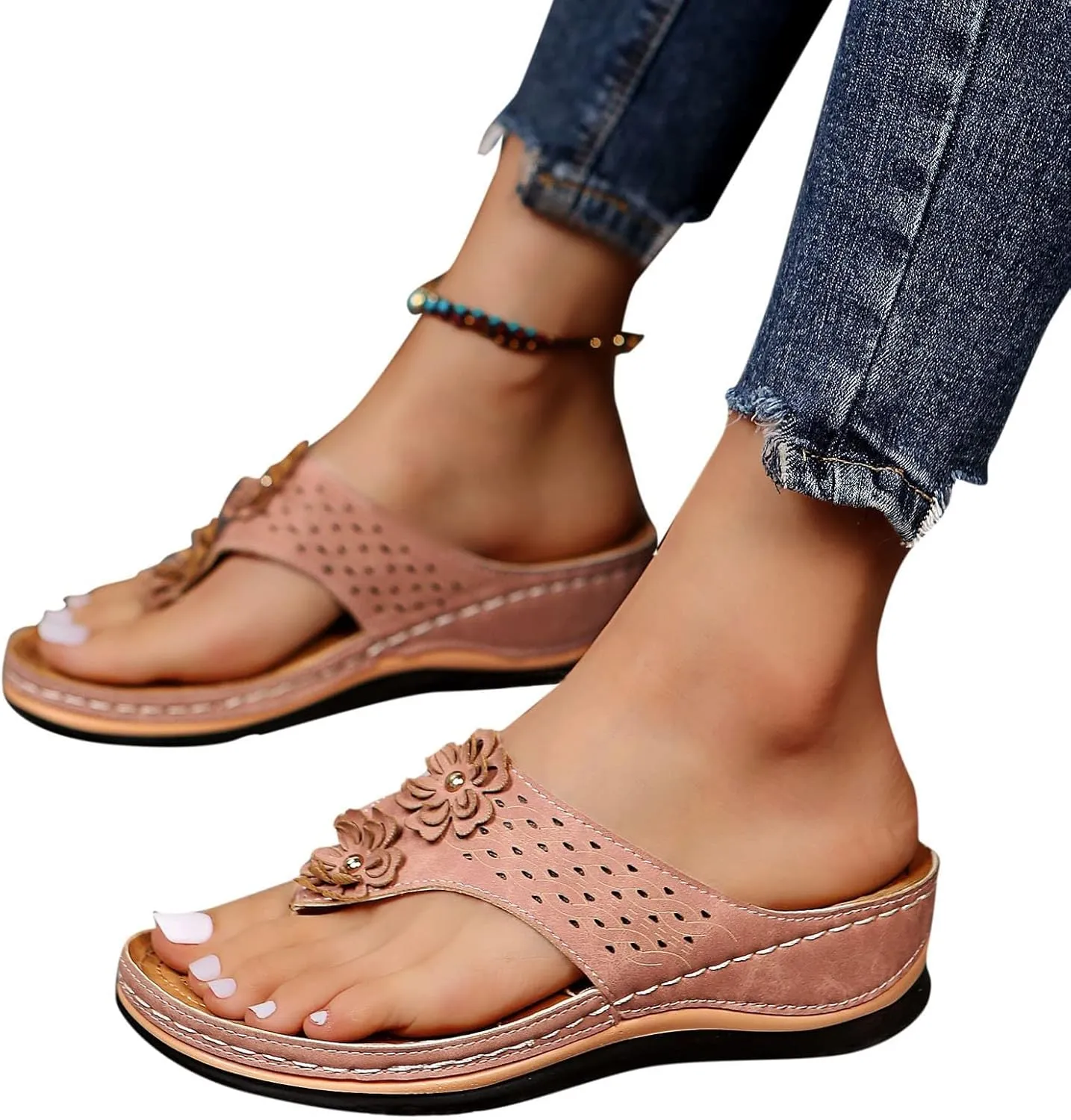 Women's Orthopedic Arch Support Wedge Sandals Casual Platform Slip On Open Toe 2025 Comfortable Flat Non-Slip Summer Beach Dress Shoes Comfort Vamp Slide Orthotic Clip Slippers Flip Flops