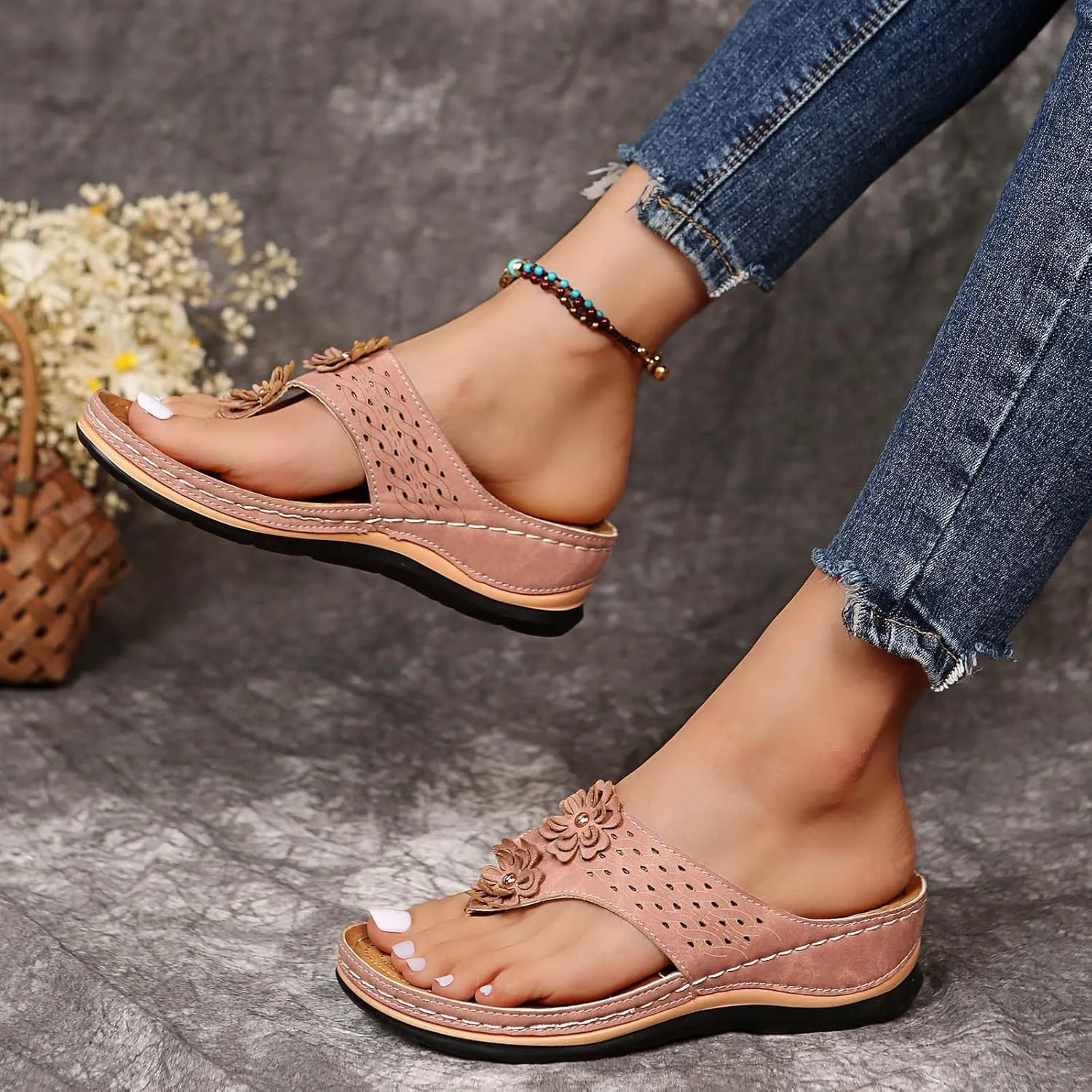 Women's Orthopedic Arch Support Wedge Sandals Casual Platform Slip On Open Toe 2025 Comfortable Flat Non-Slip Summer Beach Dress Shoes Comfort Vamp Slide Orthotic Clip Slippers Flip Flops