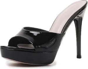 Womens Patent Leather One Strap Stilettos Platform Slide Sandals Summer Fashion Sexy Pointed Toe Slip On High Heels Platform Mules Party Wedding Prom Dress Shoes