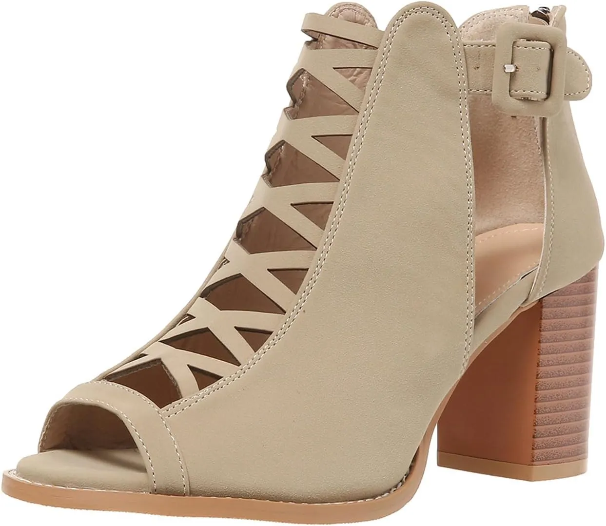 Womens Peep Toe Booties Chunky Heeled Sandals Back Zipper Cutout Dressy Sandals with Adjustable Ankle Strap Buckle