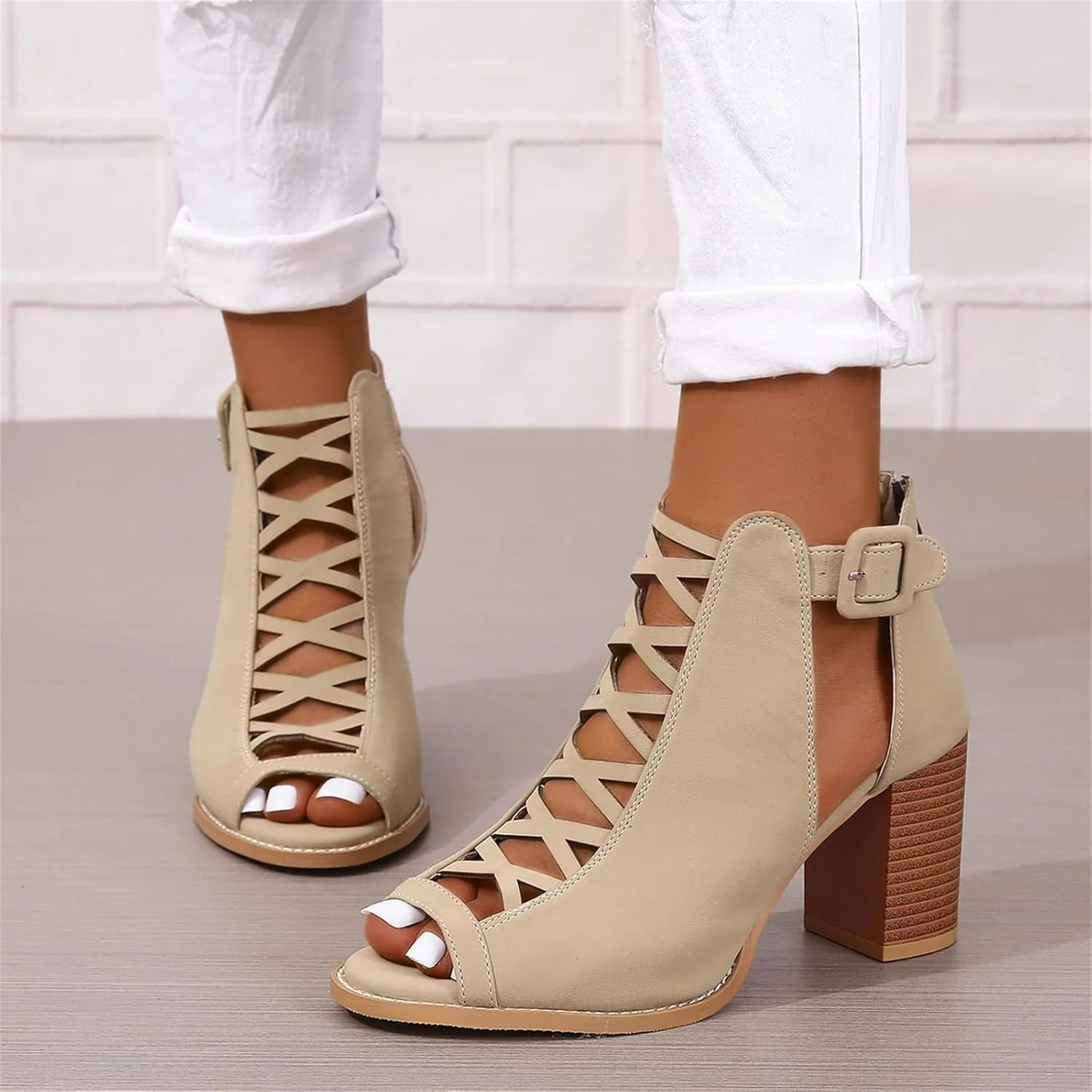 Womens Peep Toe Booties Chunky Heeled Sandals Back Zipper Cutout Dressy Sandals with Adjustable Ankle Strap Buckle
