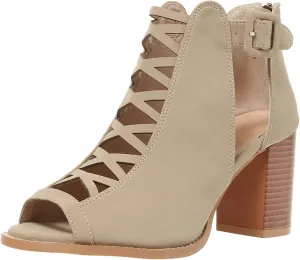 Womens Peep Toe Booties Chunky Heeled Sandals Back Zipper Cutout Dressy Sandals with Adjustable Ankle Strap Buckle