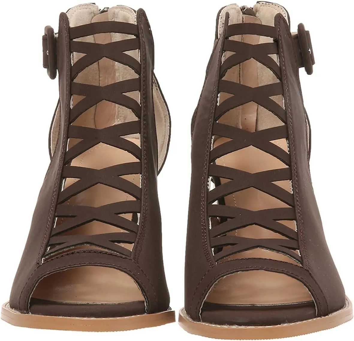 Womens Peep Toe Booties Chunky Heeled Sandals Back Zipper Cutout Dressy Sandals with Adjustable Ankle Strap Buckle