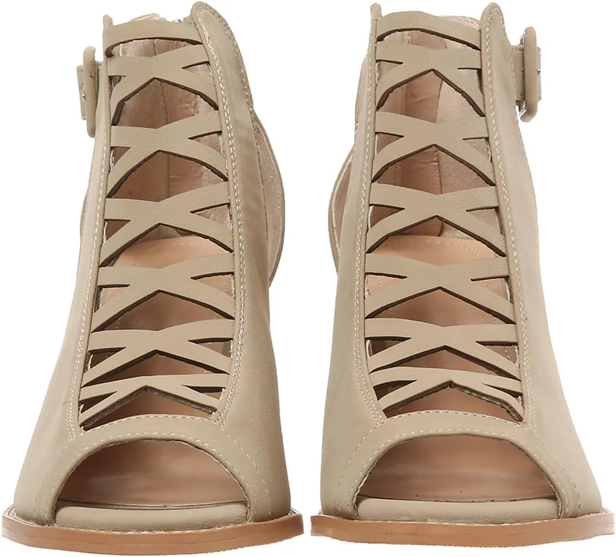 Womens Peep Toe Booties Chunky Heeled Sandals Back Zipper Cutout Dressy Sandals with Adjustable Ankle Strap Buckle