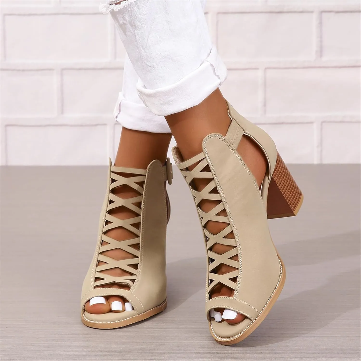 Womens Peep Toe Booties Chunky Heeled Sandals Back Zipper Cutout Dressy Sandals with Adjustable Ankle Strap Buckle
