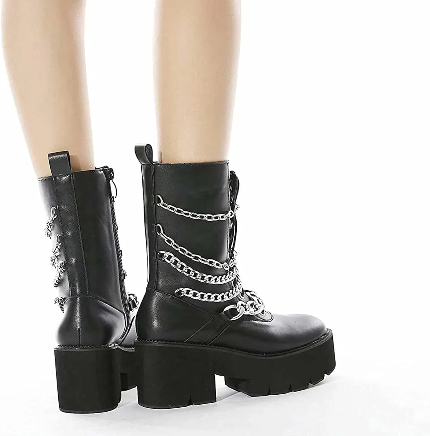 Womens Platform Boots Round Toe Chunky Ankle Boots Punk Boots Lace Up&Zipper Combat Boots