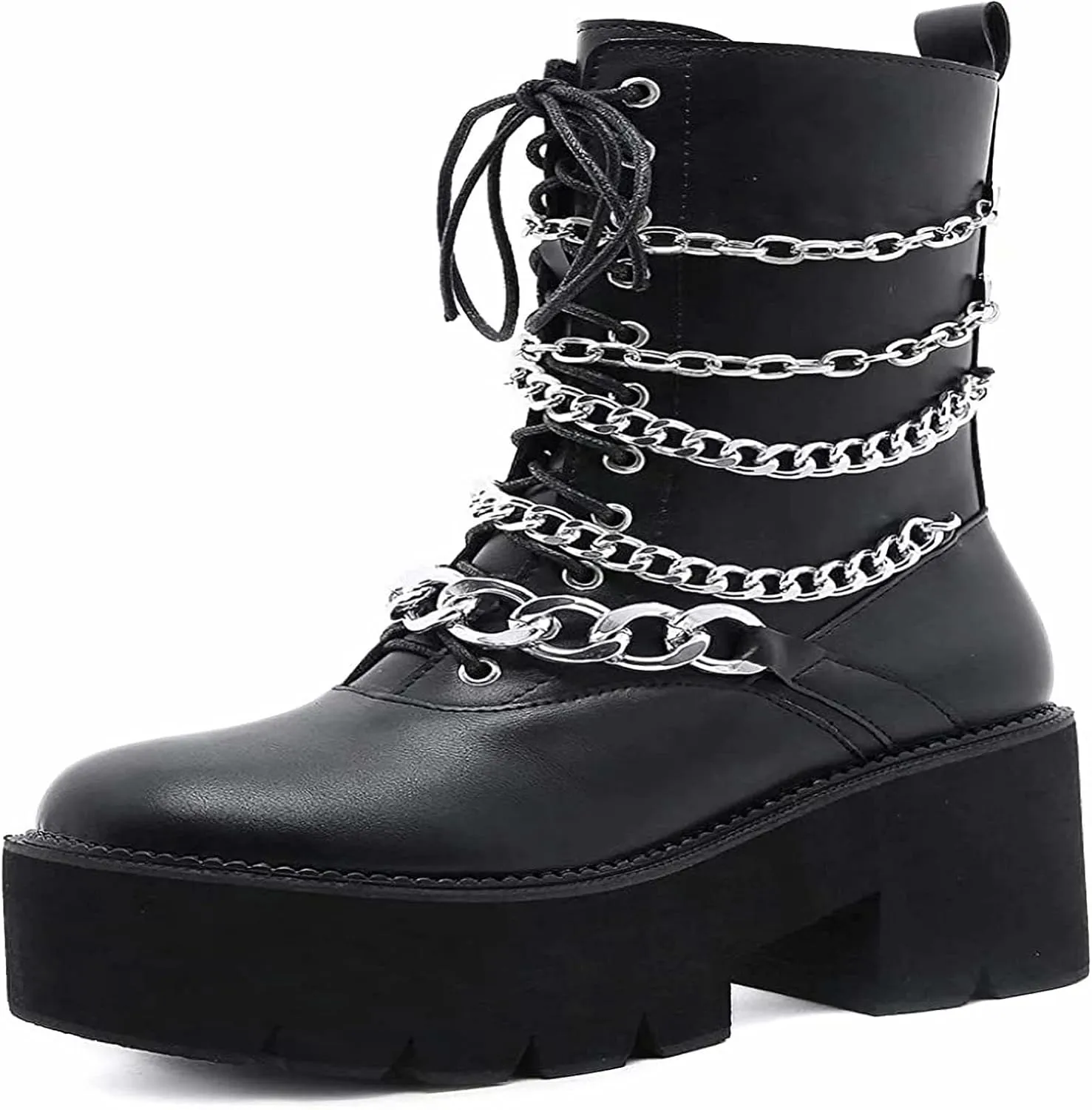 Womens Platform Boots Round Toe Chunky Ankle Boots Punk Boots Lace Up&Zipper Combat Boots