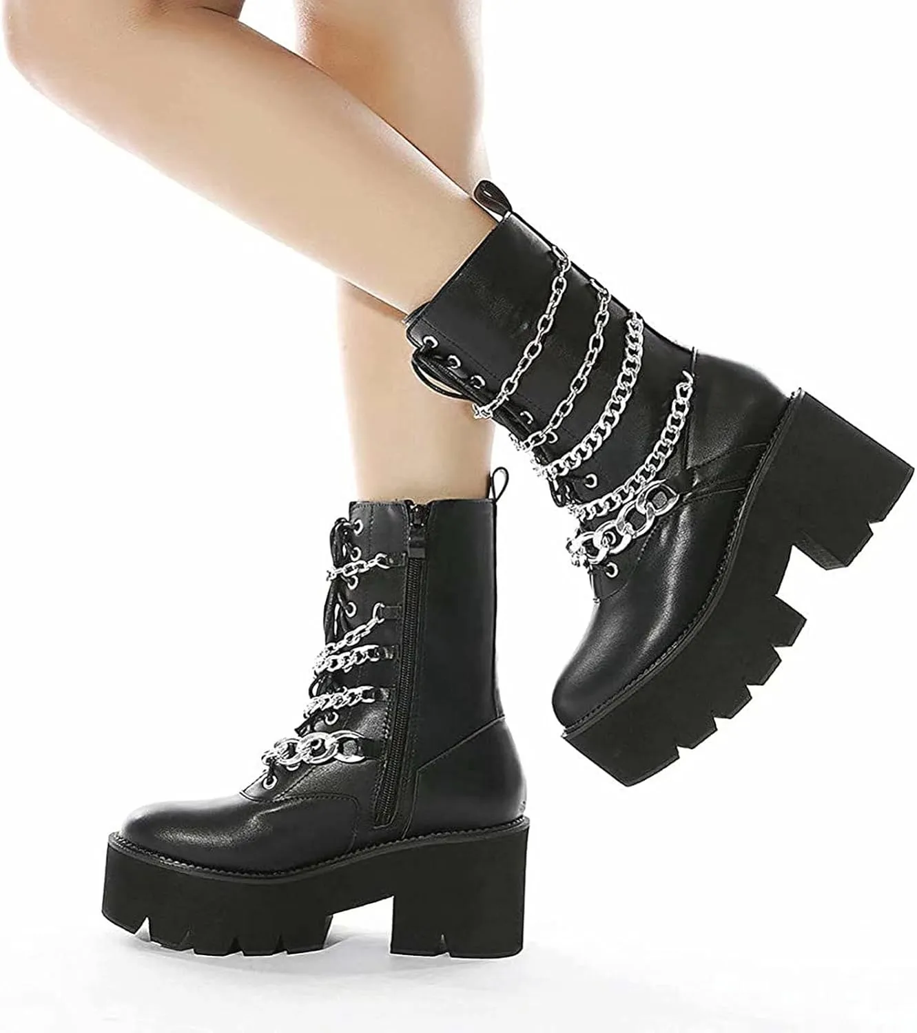Womens Platform Boots Round Toe Chunky Ankle Boots Punk Boots Lace Up&Zipper Combat Boots
