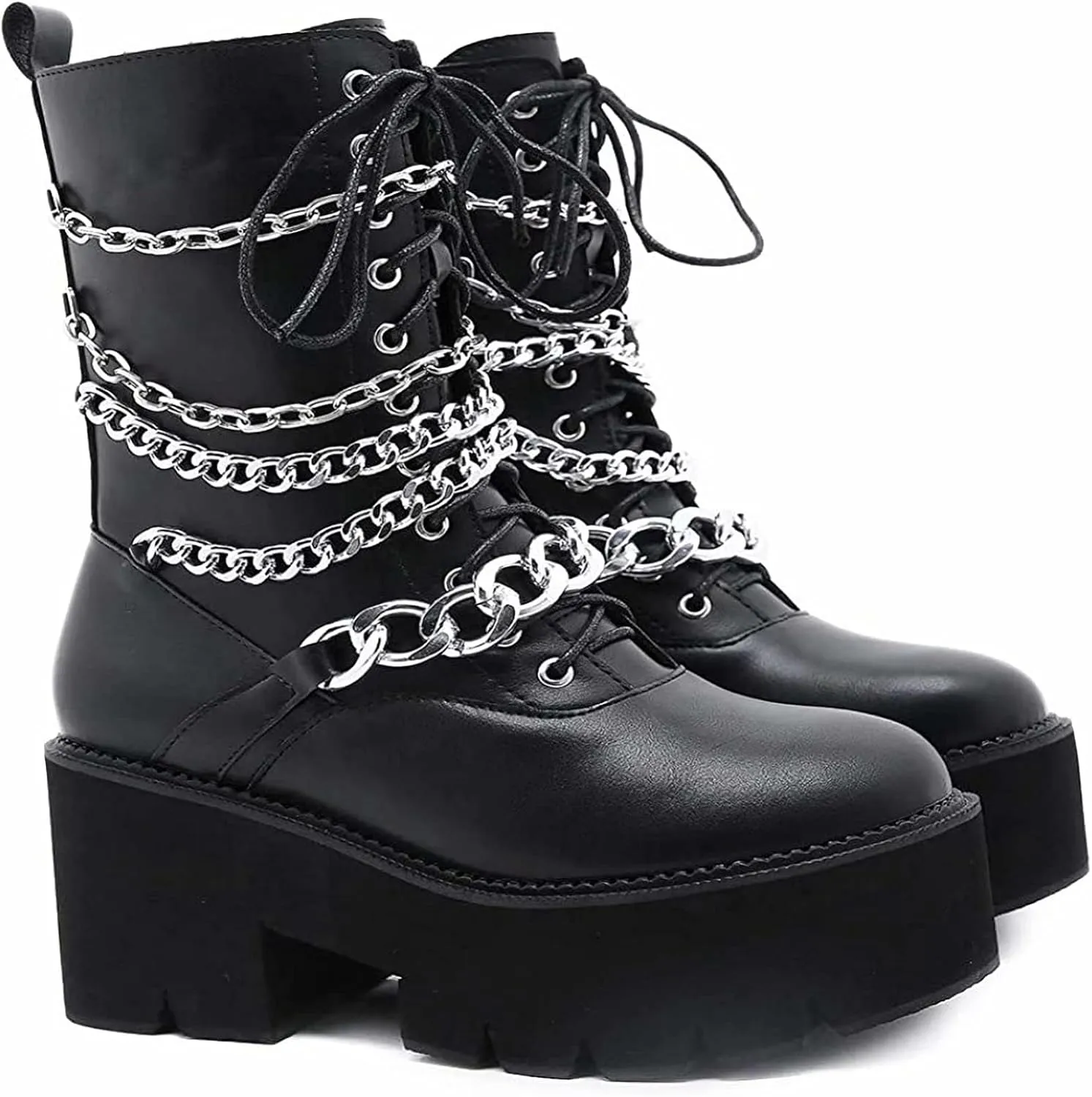 Womens Platform Boots Round Toe Chunky Ankle Boots Punk Boots Lace Up&Zipper Combat Boots