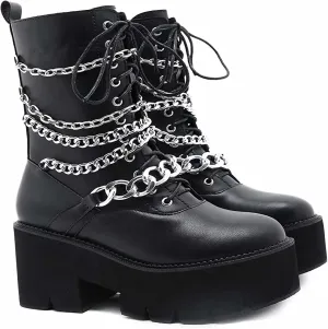 Womens Platform Boots Round Toe Chunky Ankle Boots Punk Boots Lace Up&Zipper Combat Boots