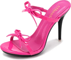 Women's Platform Heeled Sandals Strappy Stilettos Mules Open Toe Slip On Fashion Sexy Dress Cute Bowknot Backless High Heel Slides Heels Slippers