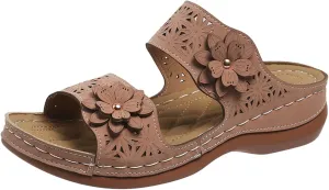 Womens Platform Sandals Comfortable Walking Orthopedic Slippers Ladies Arch Support Slip On Beach Shoes Dressy Wedge Vacation Orthotic Summer Spring Casual Vintage Flats Embroidered